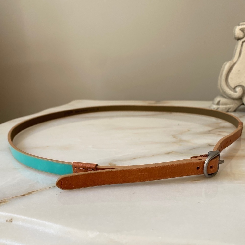 J. Crew Tan Leather And Teal Green Color block Belt - Size Medium